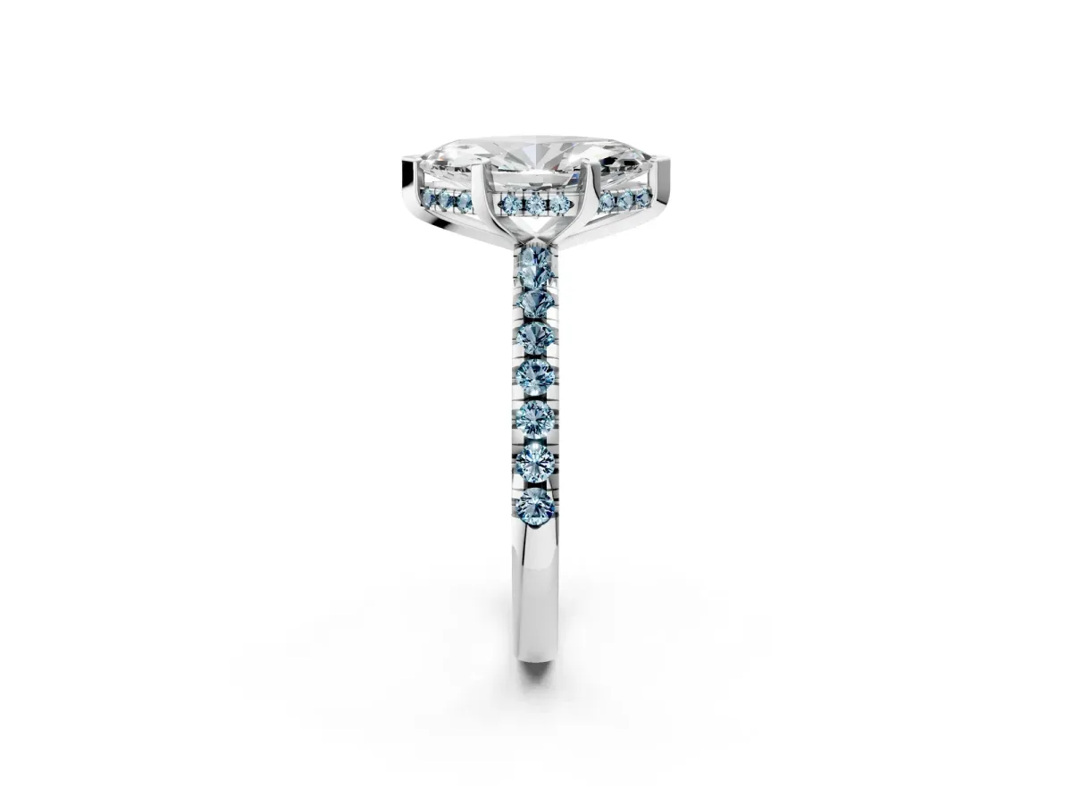 Marquise Cut Diamond Solitaire Ring with Round Aquamarine Pavé Band and Four-Prong Setting Platinum