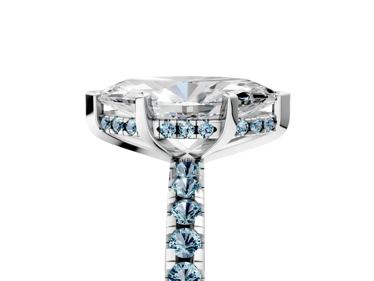 Marquise Cut Diamond Solitaire Ring with Round Aquamarine Pavé Band and Four-Prong Setting Platinum