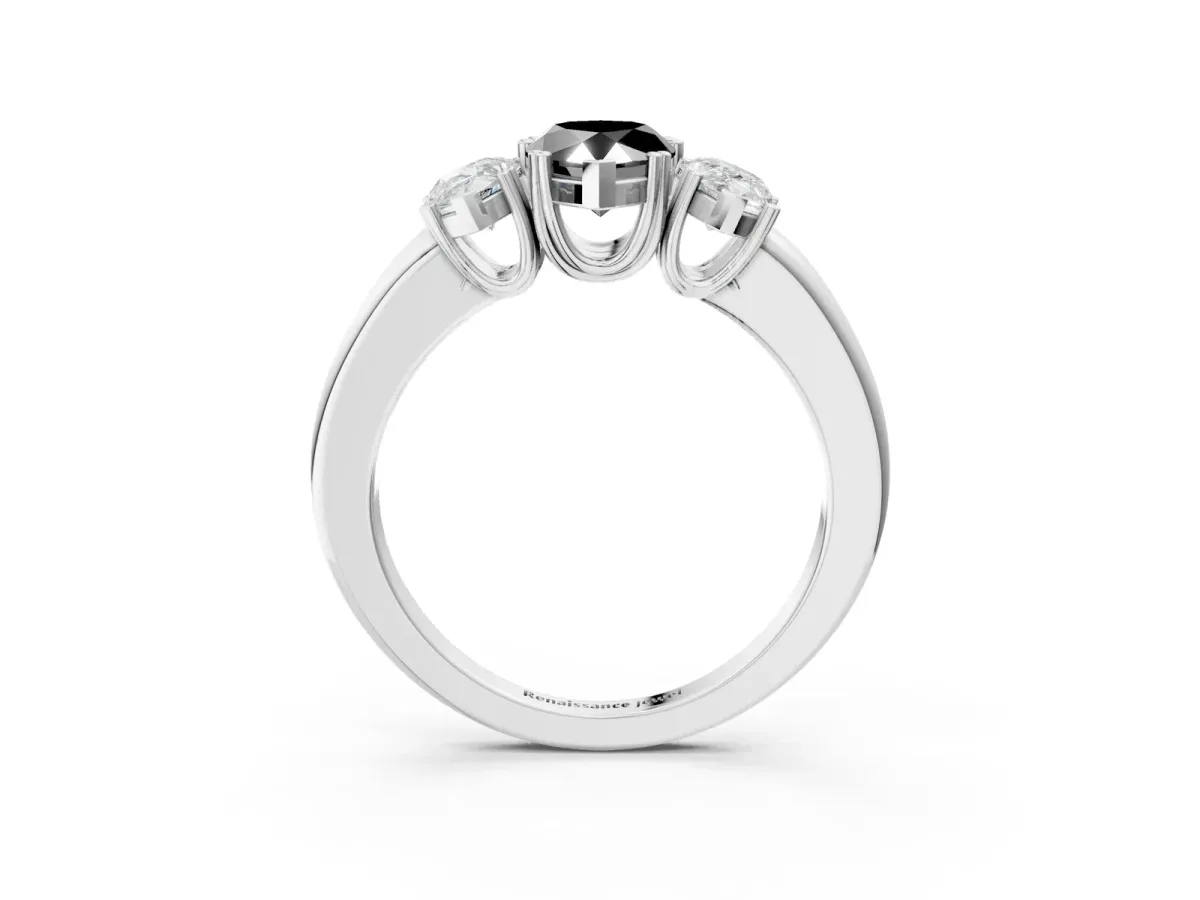 Fancy Black Three-Stone Pear Cut Cut Diamond Ring with Channel Set Band and Four-Prong Setting Silver