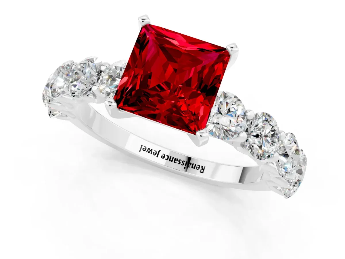 Princess Cut Ruby Prong Setting with Side Stones on a Pave Band Silver
