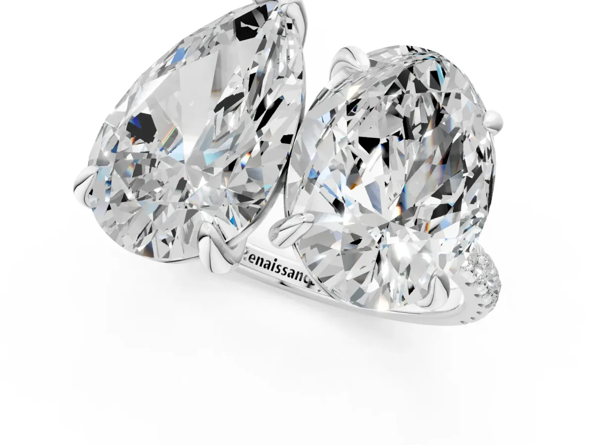 Oval and Pear Toi Moi Ring with Prong Setting and Pave Band Silver