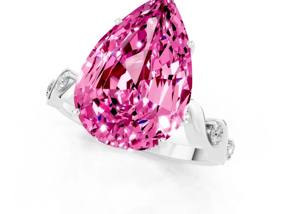 Pear Cut Pink Sapphire Solitaire Twisted Band with Round Accents and Prong Setting White gold