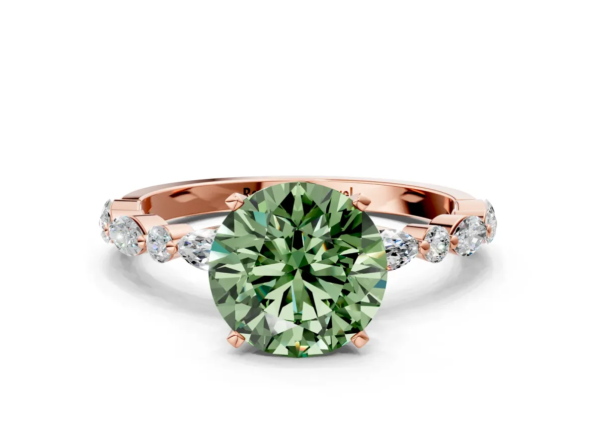 Fancy Green Round Cut Diamond Ring with Marquise and Round Side Stones and Four-Prong Setting Rose gold