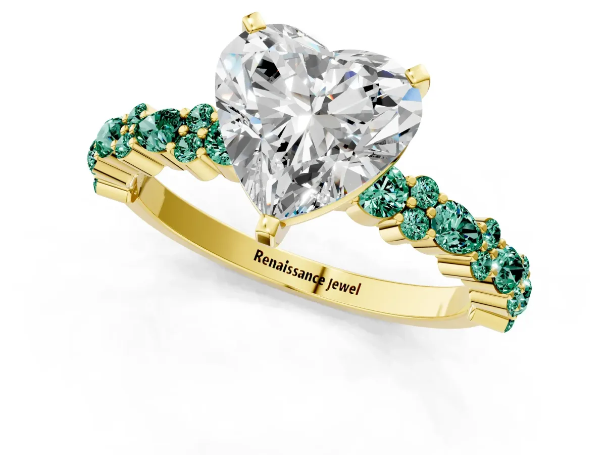 Heart Cut Diamond Side Stone Solitaire Ring with Round Green Sapphire and Four-Prong Setting Yellow gold
