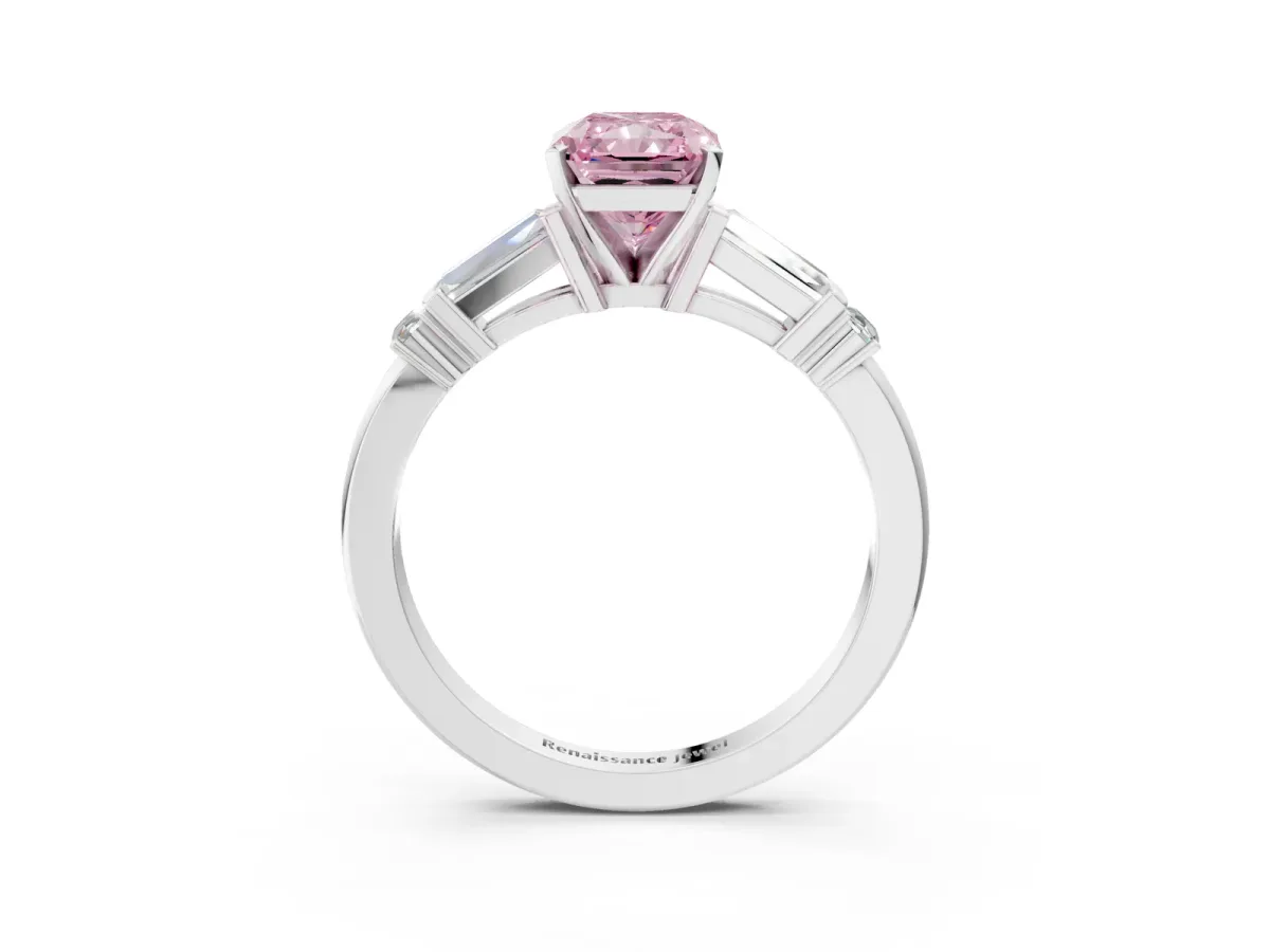 Fancy Pink Radiant Cut Cut Diamond Ring with Baguette Side Stones, Channel Set Band, and Four-Prong Setting Platinum