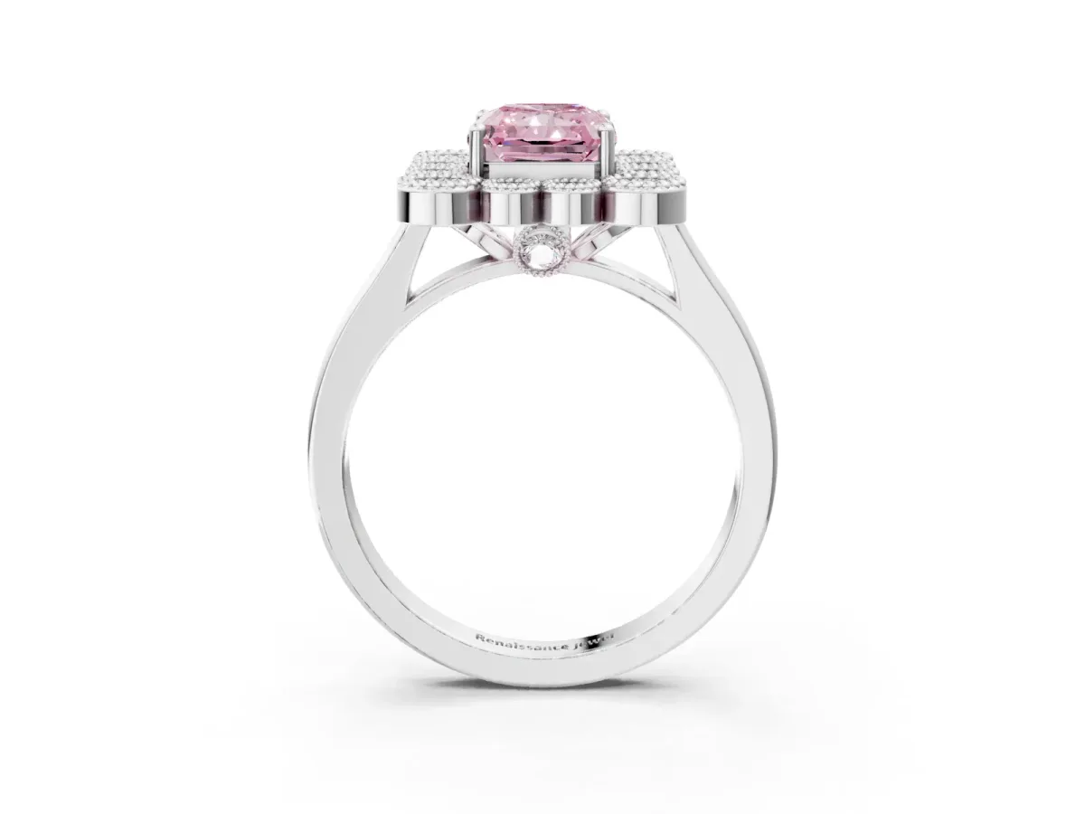 Fancy Pink Radiant Cut Halo Diamond Cluster Engagement Ring with Milgrain Bezel Setting and Solitaire Band Platinum