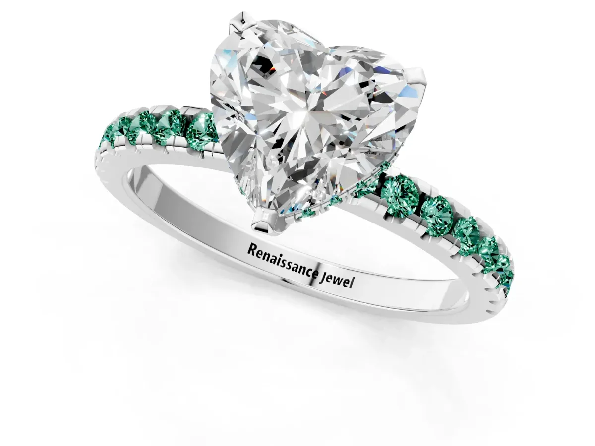 Heart Cut Diamond Solitaire Ring with Round Green Sapphire Pavé Band and Four-Prong Setting White gold