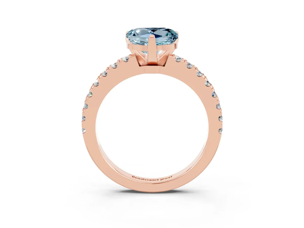 Heart Cut Solitaire Aquamarine with Pavé Band and Four-Prong Setting Rose gold