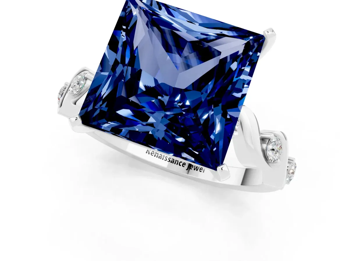 Princess Cut Blue Sapphire Solitaire Twisted Band with Round Accents and Prong Setting White gold