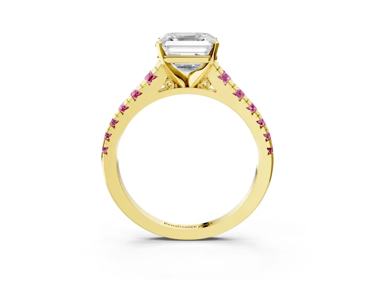 Asscher Cut Diamond Cathedral Solitaire Ring with Round Pink Sapphire Pavé Band Yellow gold