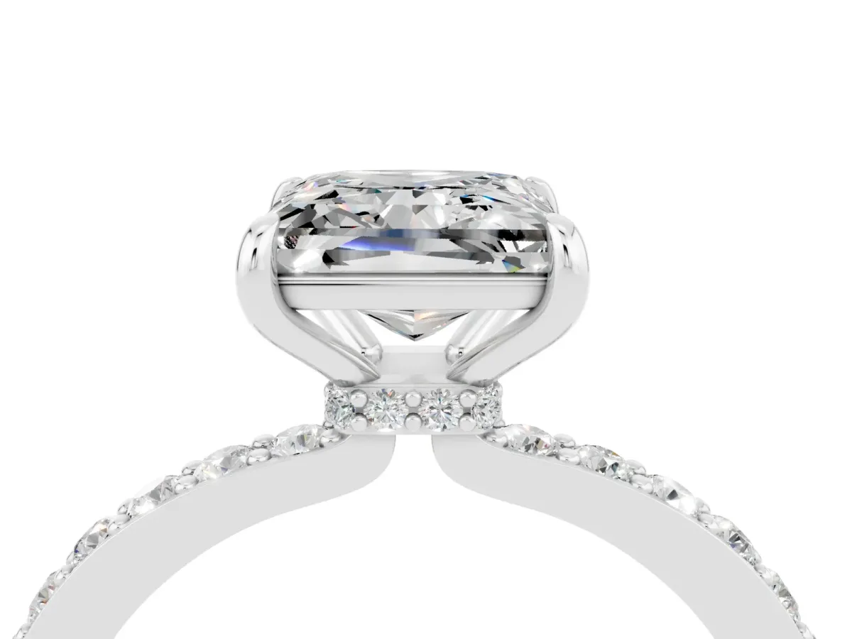 Princess Cut Moissanite Solitaire Engagement Ring with Pavé Band and Four-Prong Setting White gold