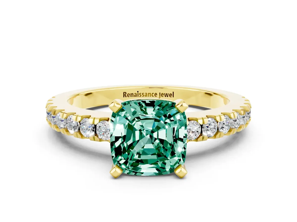 Cushion Cut Solitaire Green Sapphire with Pavé Band and Four-Prong Setting Yellow gold