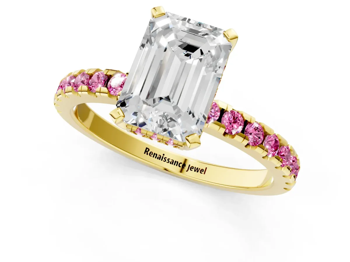 Emerald Cut Diamond Solitaire Ring with Round Pink Sapphire Pavé Band and Four-Prong Setting Yellow gold