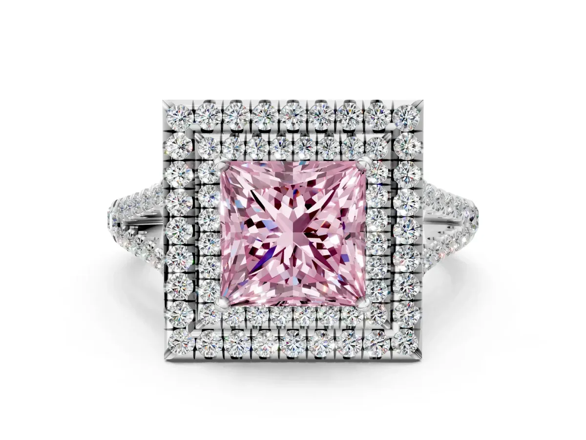 Fancy Pink Princess Cut Diamond Double Halo Ring with Pavé Band and Prong Setting White gold