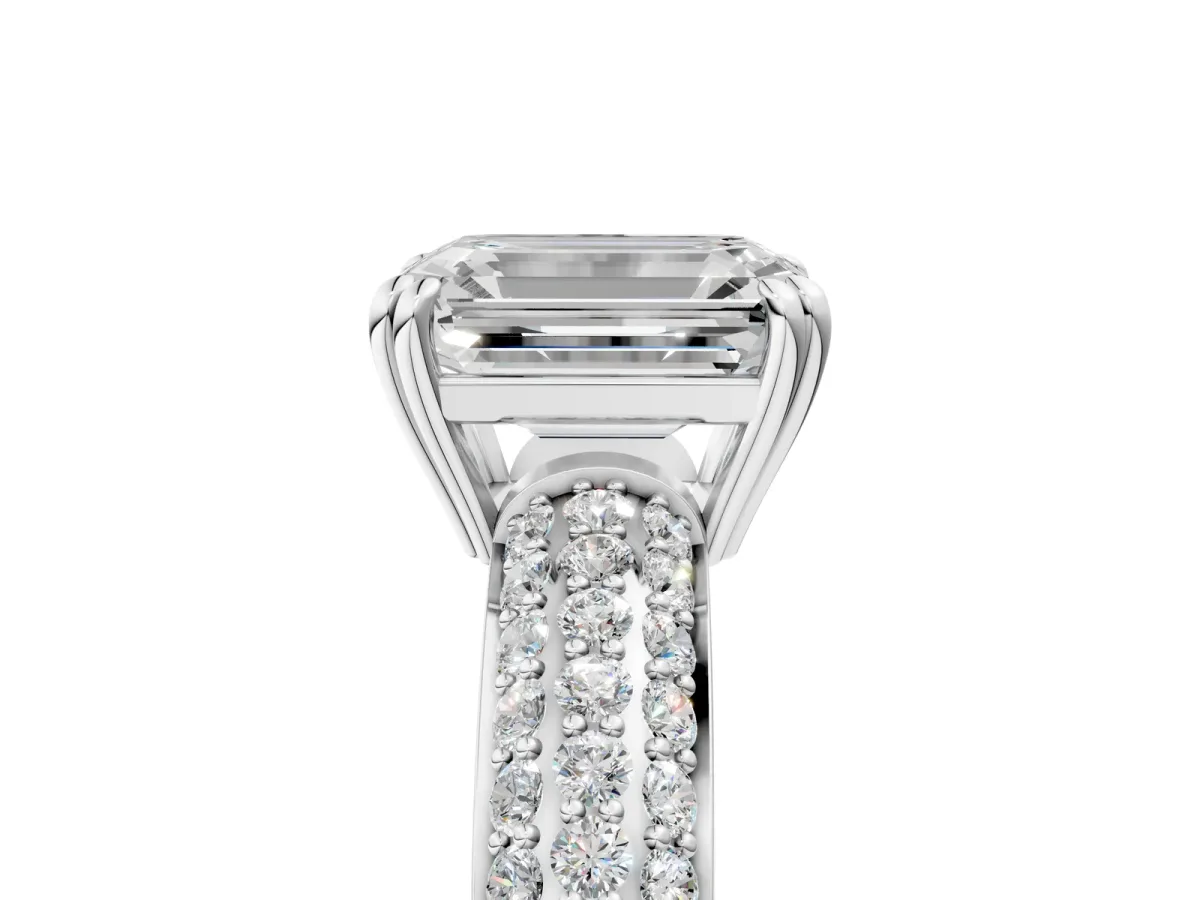 Emerald Cut Diamond Solitaire Ring with Multi-Row Round Pavé Band and Prong Setting White gold