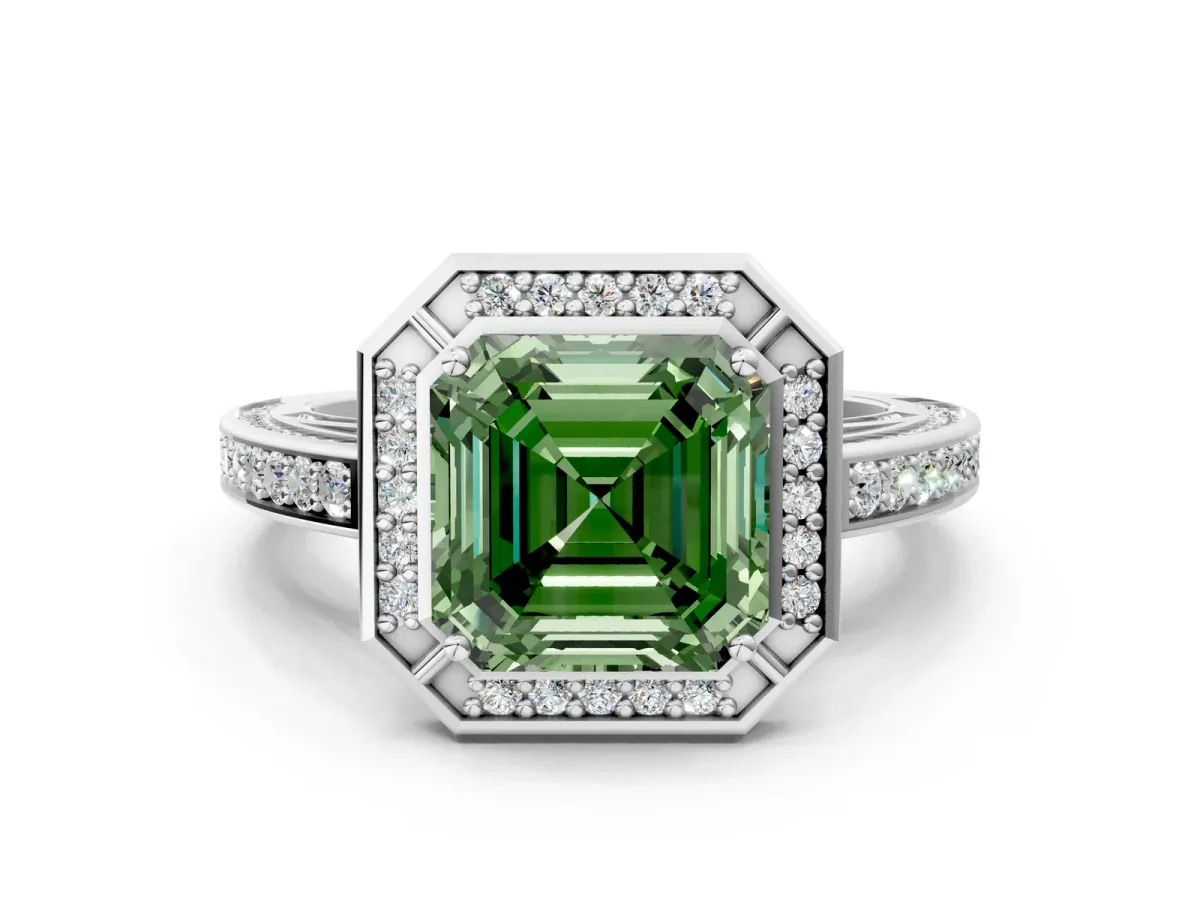 Fancy Green Asscher Cut Cut Halo Pave Split Shank Prong Setting Ring Platinum