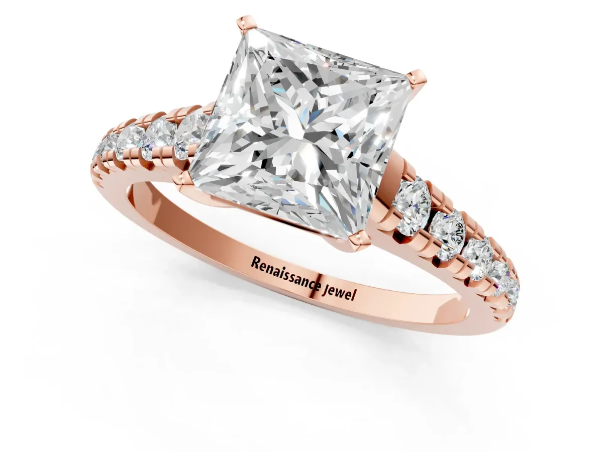 Princess Cut Diamond Cathedral Solitaire Ring with Round Moissanite Pavé Band Rose gold
