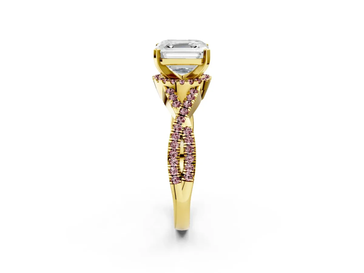 Asscher Cut Diamond Morganite Halo Twist Band Solitaire Prong Setting Ring Yellow gold