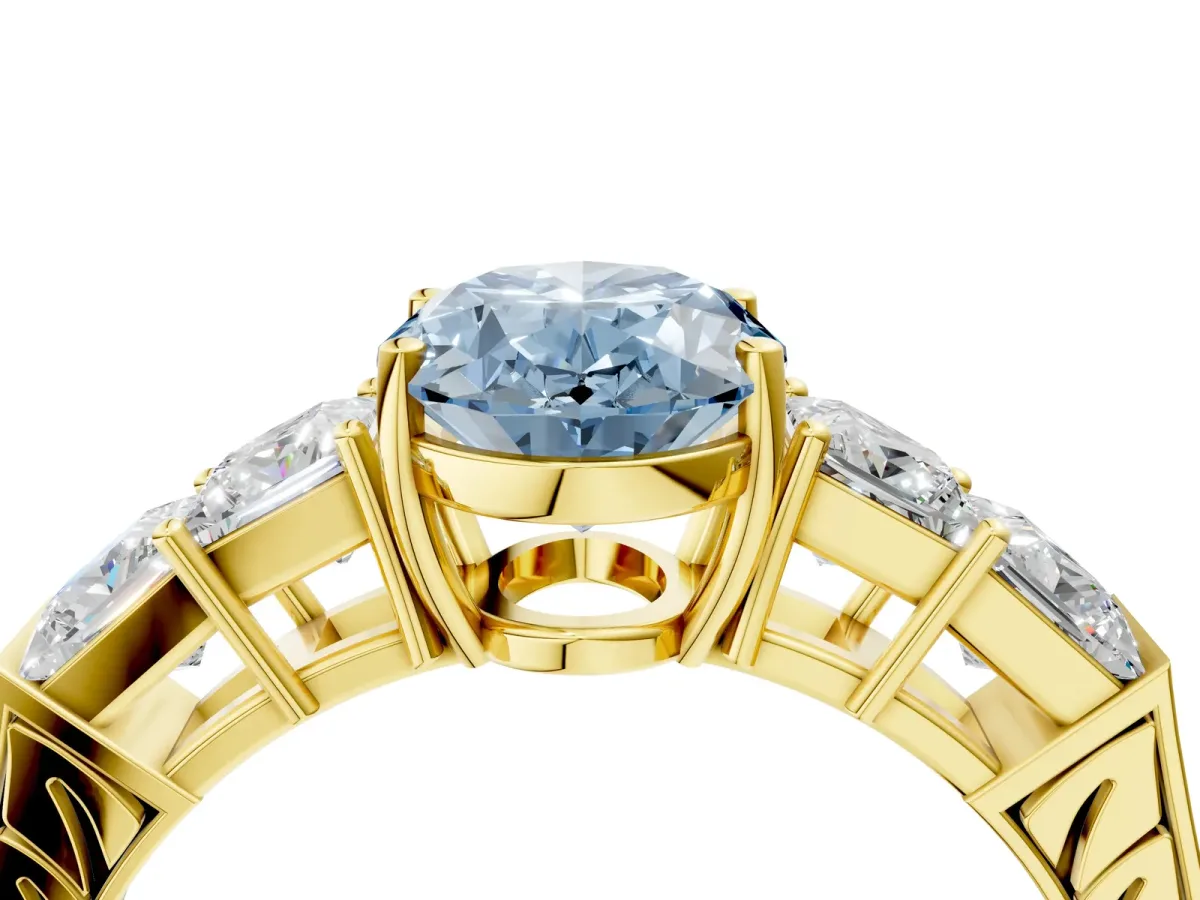 Fancy Blue Oval Cut Solitaire Princess Side Stone Engraved Band Prong Setting Ring Yellow gold