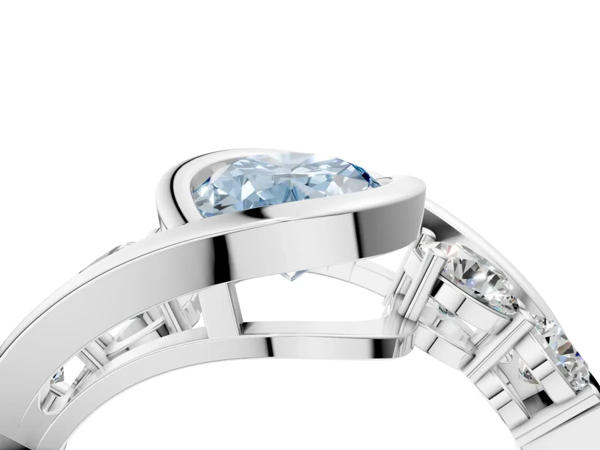 Fancy Blue Bezel Set Oval Cut Diamond Bypass Ring with Round Accents Platinum