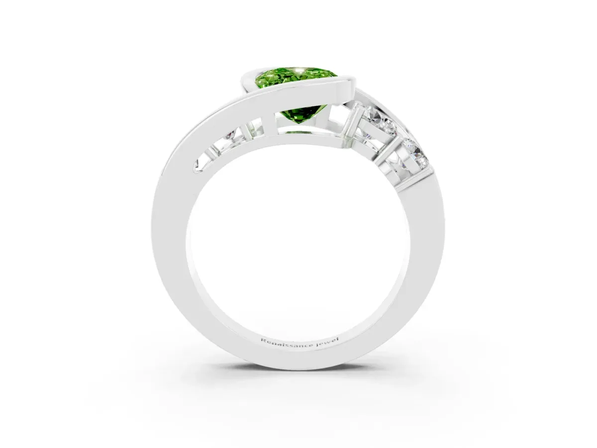 Bezel Set Oval Cut Peridot Bypass Ring with Round Accents Silver