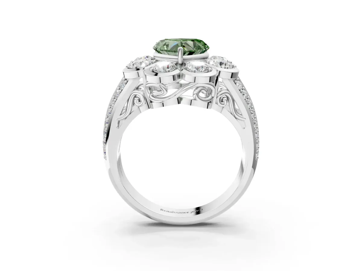 Fancy Green Heart Cut Brilliant Flower Halo Diamond Split Shank Ring Platinum