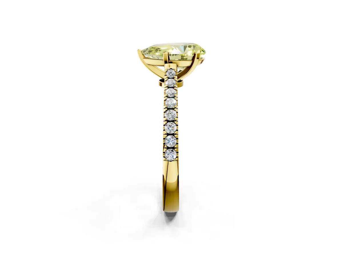 Fancy Yellow Pear Cut Cut Solitaire Diamond Engagement Ring with Pave Band and Four-Prong Setting Yellow gold