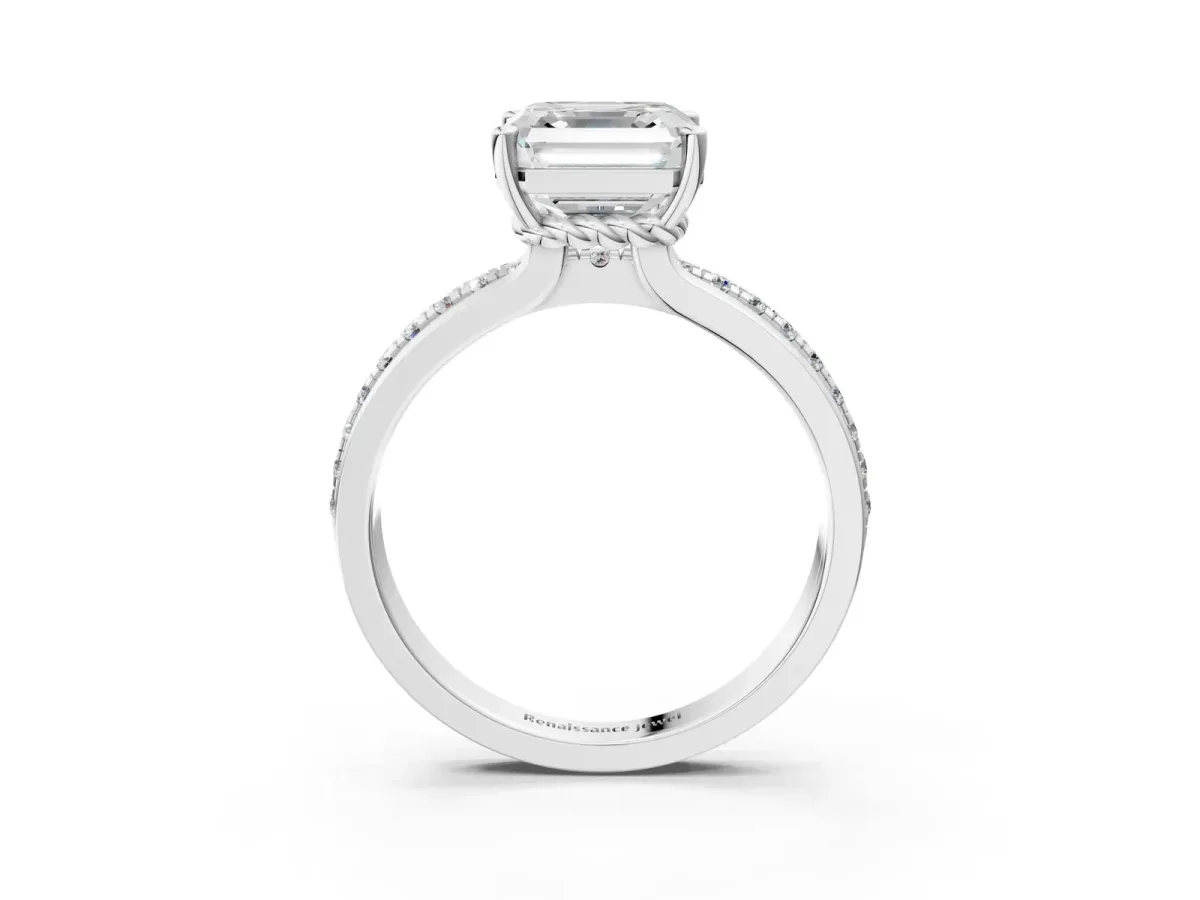 Asscher Cut Solitaire Diamond Ring with Channel Set Band and Six-Prong Setting Platinum