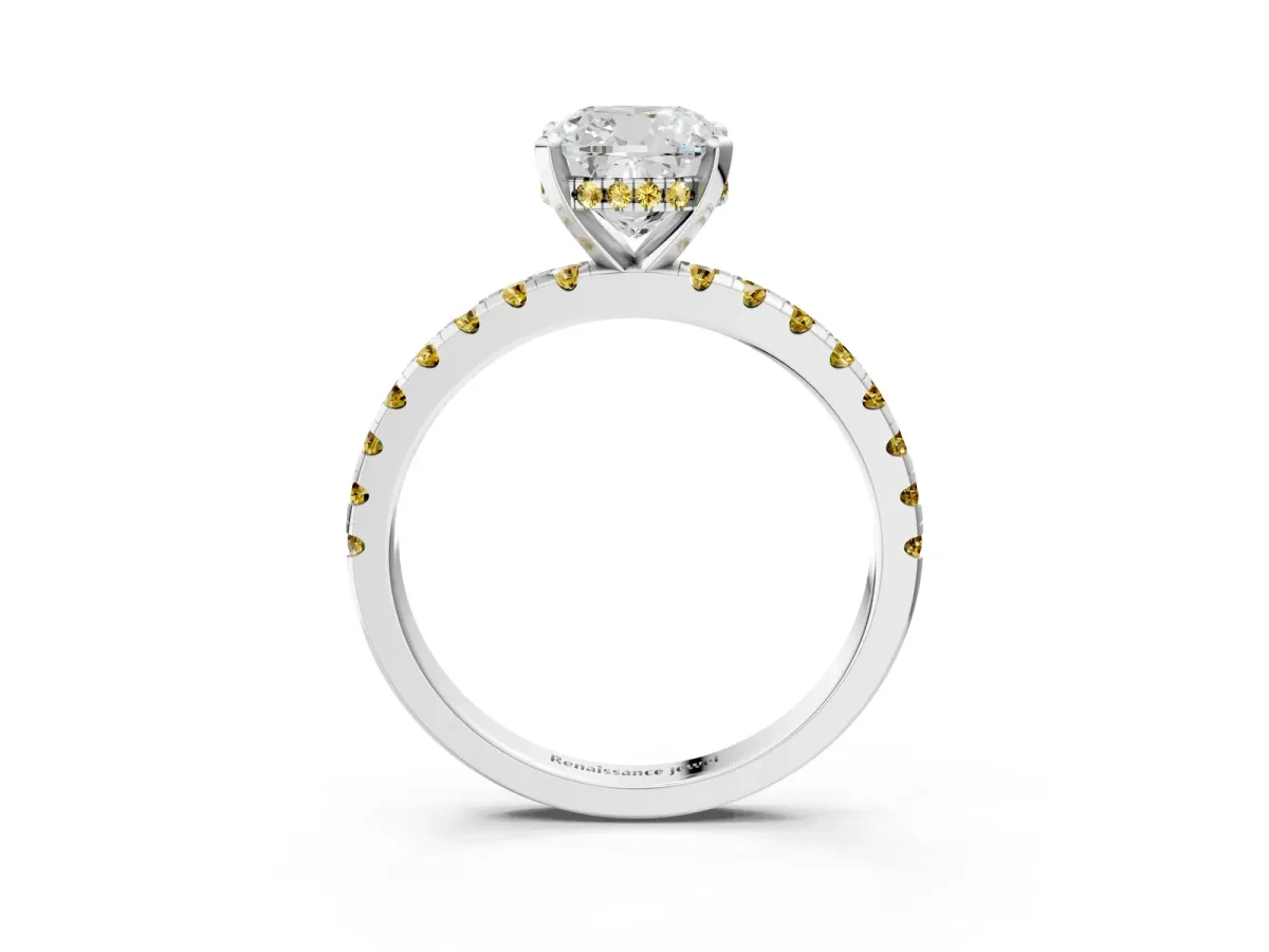 Cushion Cut Diamond Solitaire Ring with Round Yellow Sapphire Pavé Band and Four-Prong Setting White gold
