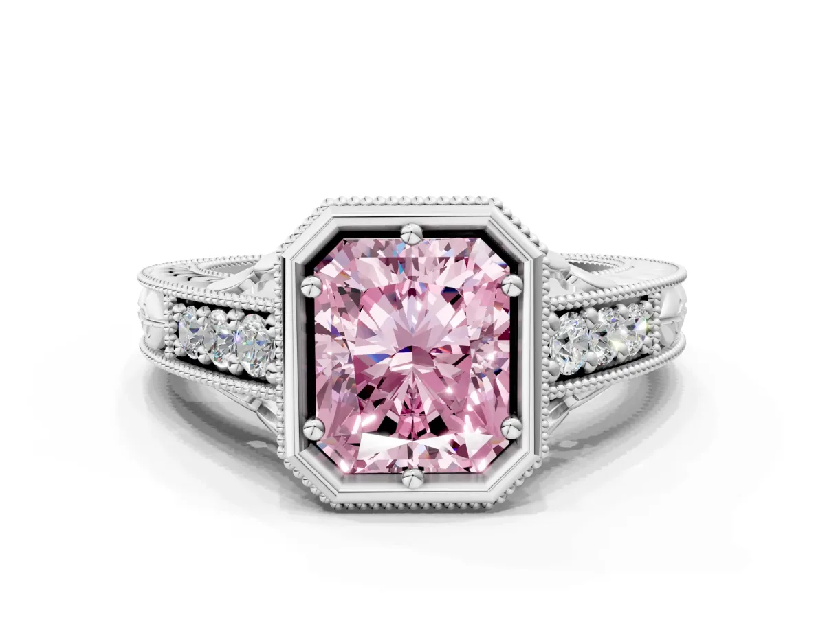 Fancy Pink Bezel Set Radiant Cut Diamond Milgrain Pave Engagement Ring Platinum