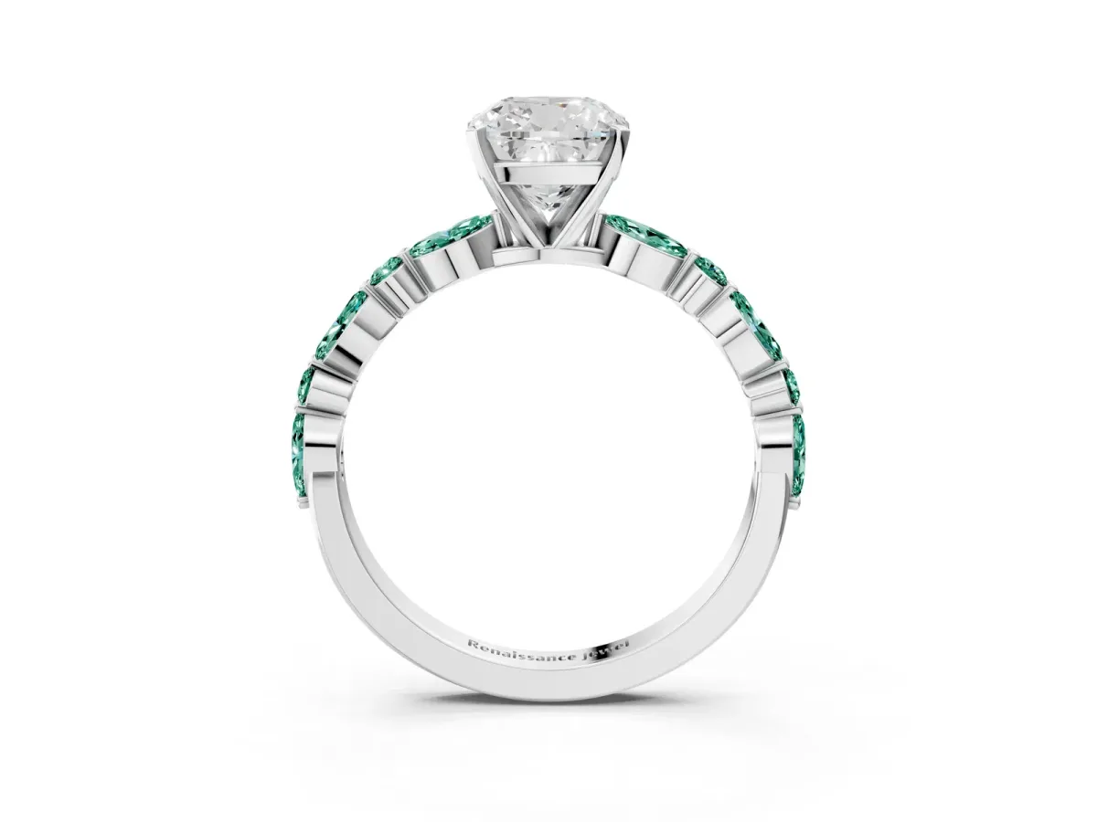 Cushion Cut Diamond Ring with Marquise and Round Green Sapphire Side Stones and Four-Prong Setting Platinum