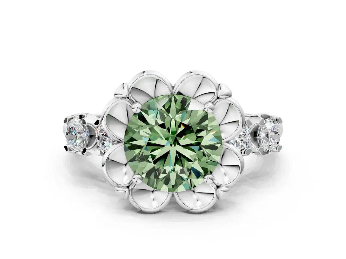Fancy Green Round Cut Cut Diamond Floral Halo Engagement Ring with Shared Prong Setting Silver