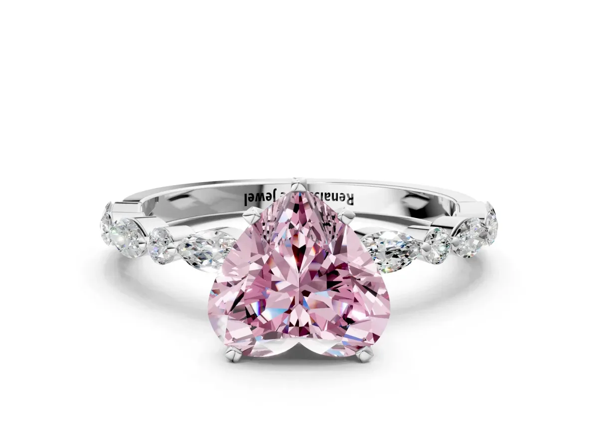 Fancy Pink Heart Cut Diamond Ring with Marquise and Round Side Stones and Four-Prong Setting White gold
