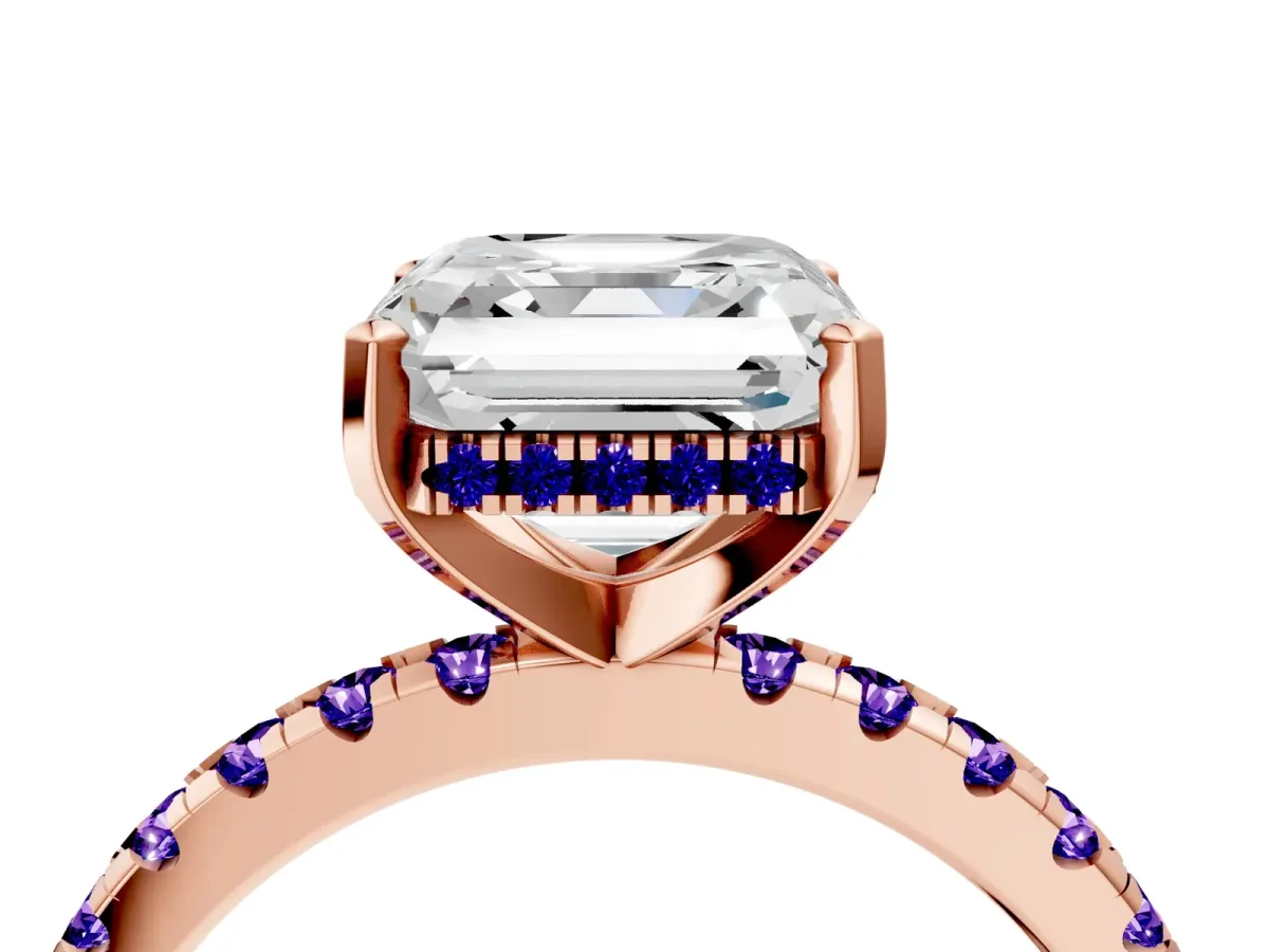 Asscher Cut Diamond Solitaire Ring with Round Tanzanite Pavé Band and Four-Prong Setting Rose gold