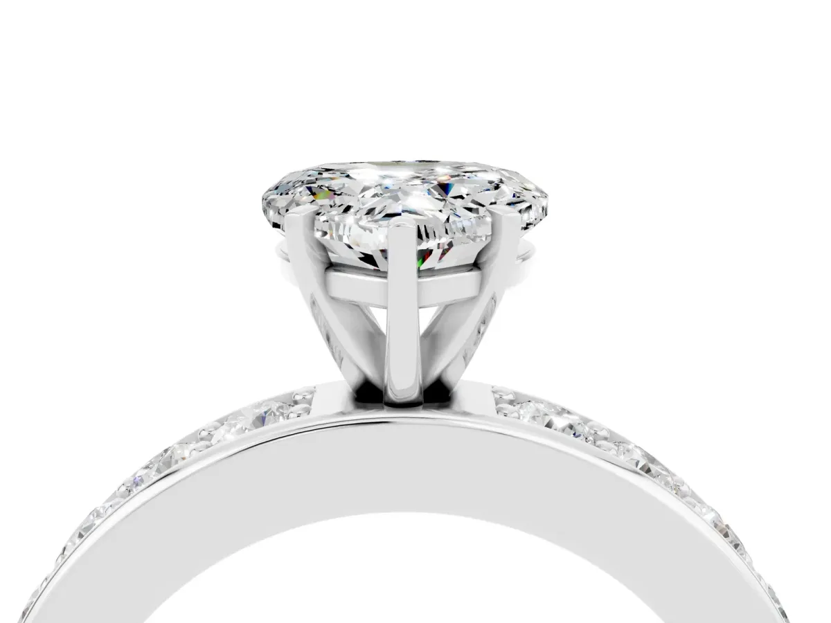 Heart Cut Moissanite Engagement Ring with Channel Set Round Band and Prong Setting White gold