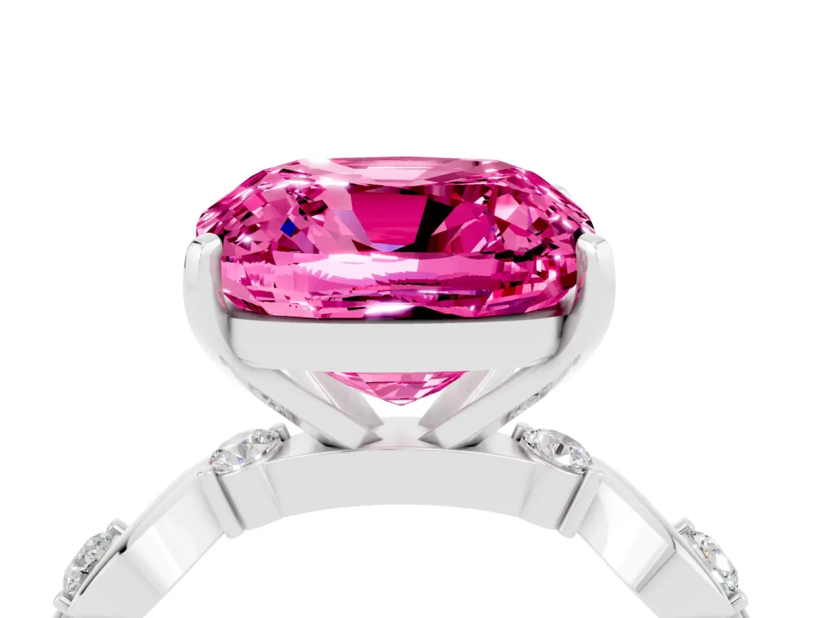 Cushion Cut Pink Sapphire Solitaire Twisted Band with Round Accents and Prong Setting White gold