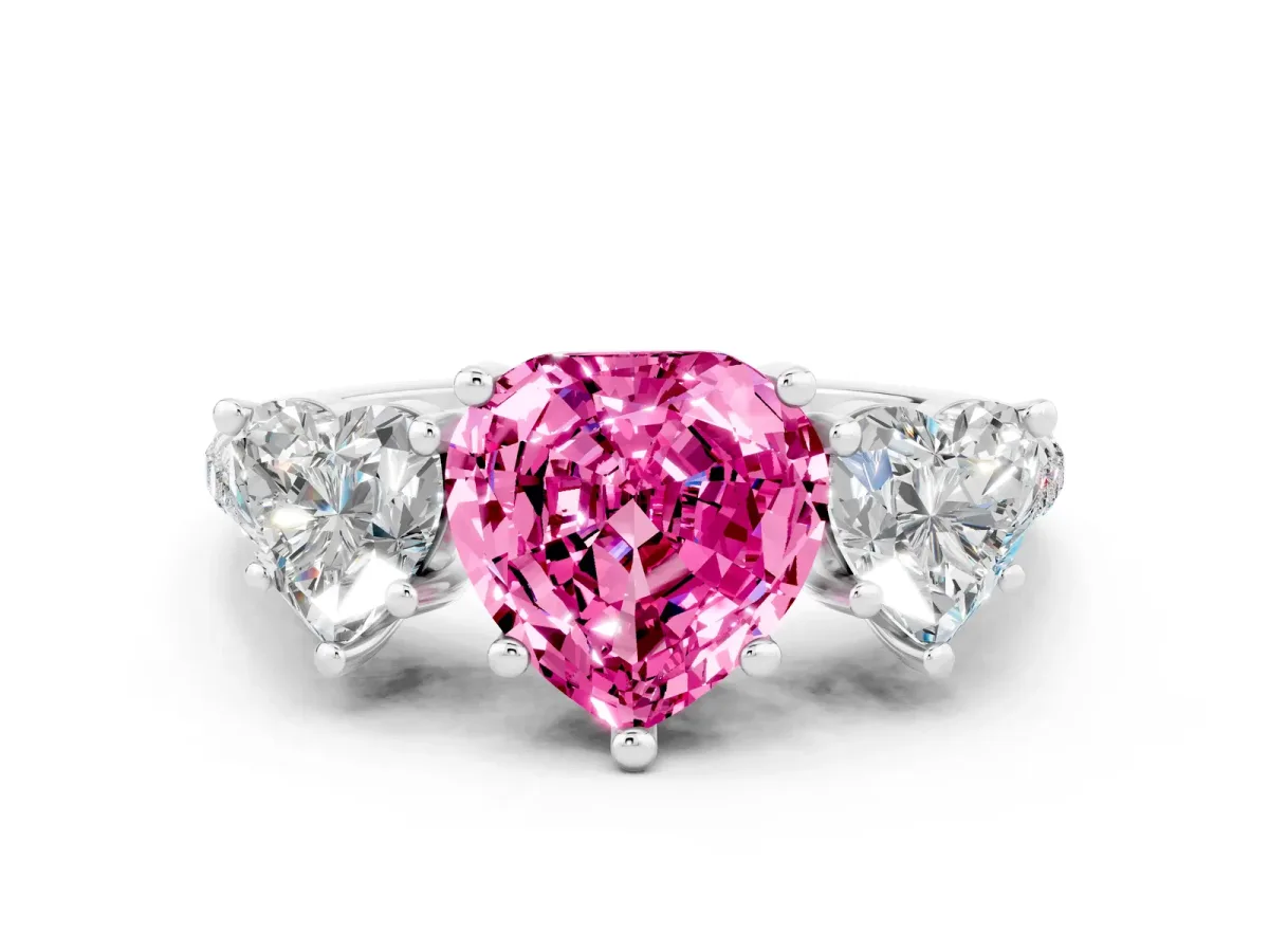 Three-Stone Heart Cut Pink Sapphire Ring with Round Pavé Band and Prong Setting White gold