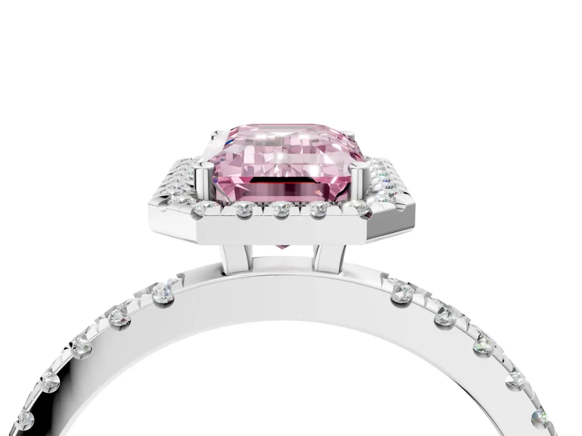 Fancy Pink Emerald Cut Diamond Classic Halo Engagement Ring with Round Pavé Band and Prong Setting White gold