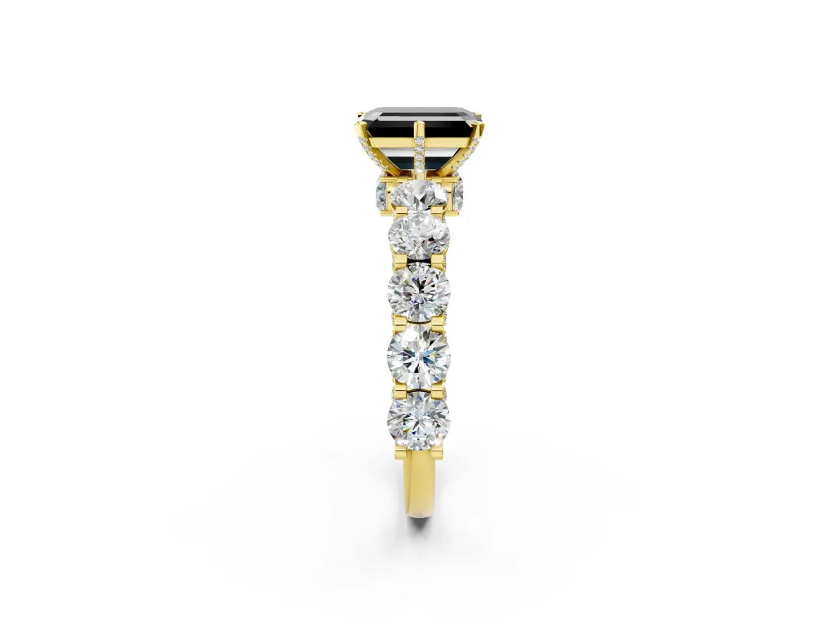 Fancy Black Emerald Cut Diamond Side Stone Engagement Ring with Four-Prong Setting Yellow gold