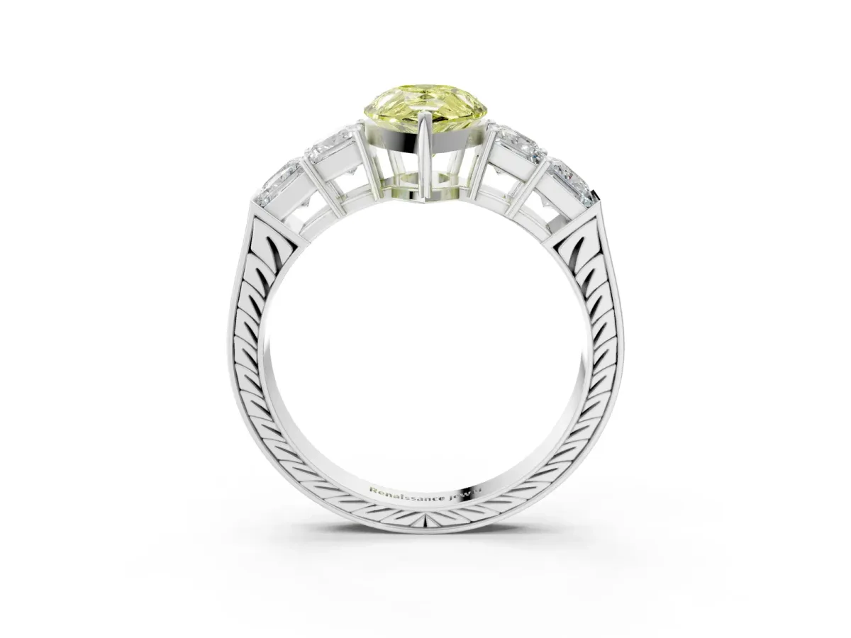 Fancy Yellow Pear Cut Solitaire Princess Side Stone Engraved Band Prong Setting Ring Platinum