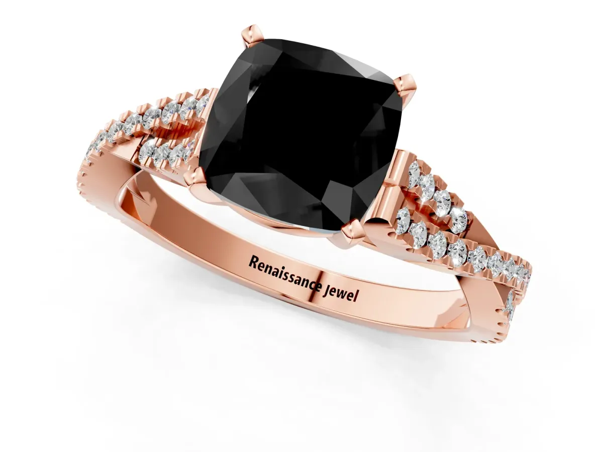 Fancy Black Cushion Cut Diamond Solitaire Engagement Ring with Twisted Pavé Band and Four-Prong Setting Rose gold