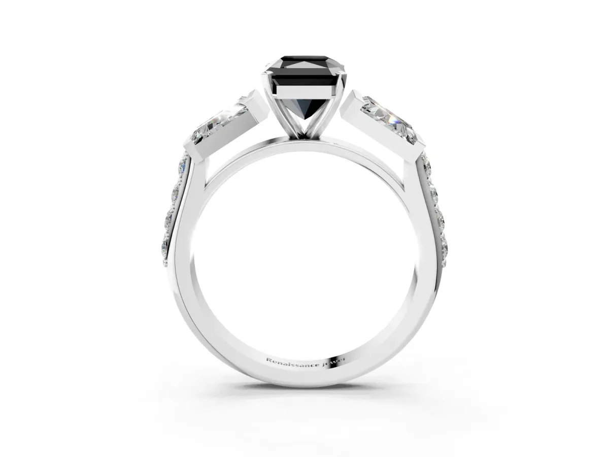 Fancy Black Radiant Cut Diamond Engagement Ring with Baguette Side Stones and Channel Set Band Platinum