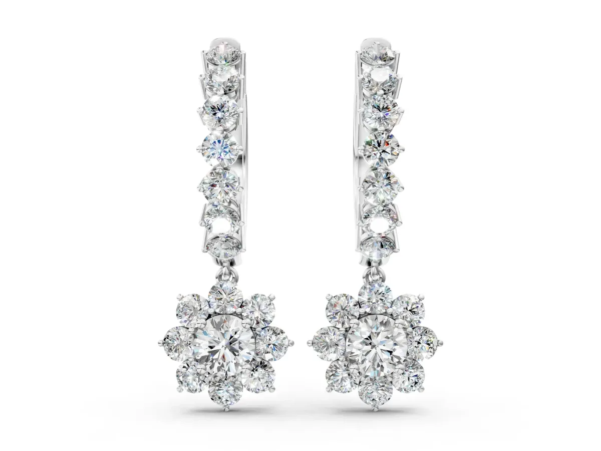 Round Diamond Petite Hoop Earrings with Sunflower Drop Platinum
