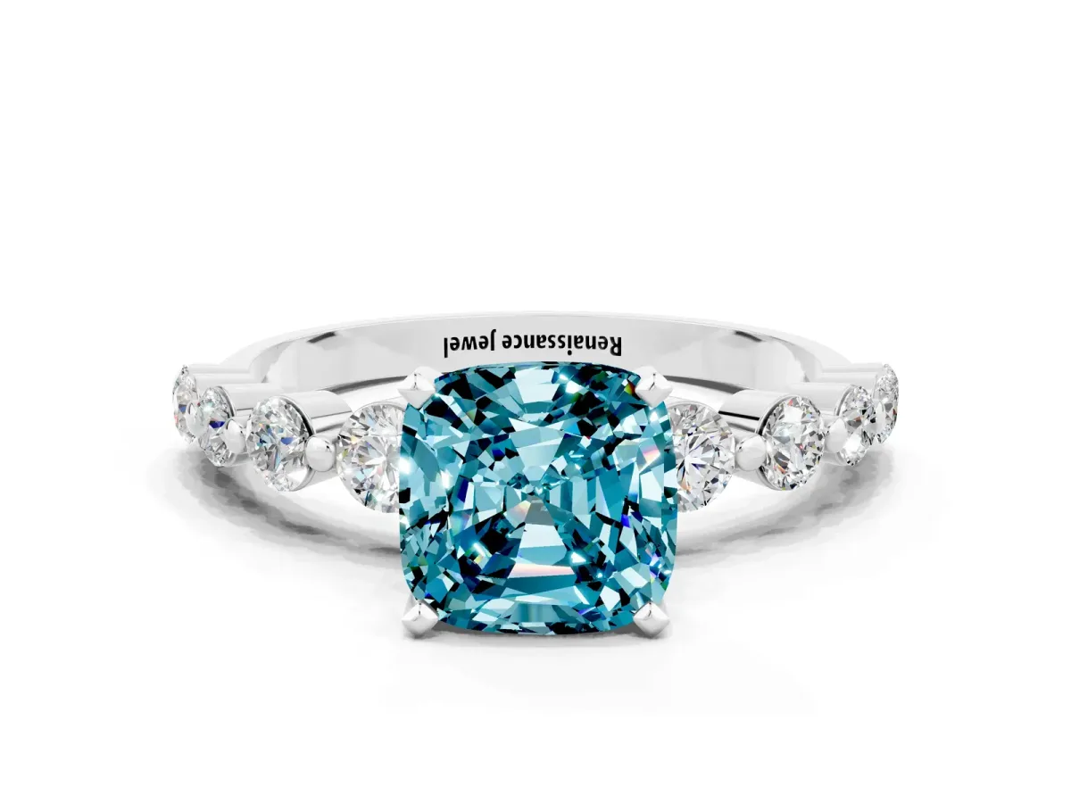 Cushion Cut Solitaire Blue Topaz Ring with Pave Band and Four-Prong Setting Silver