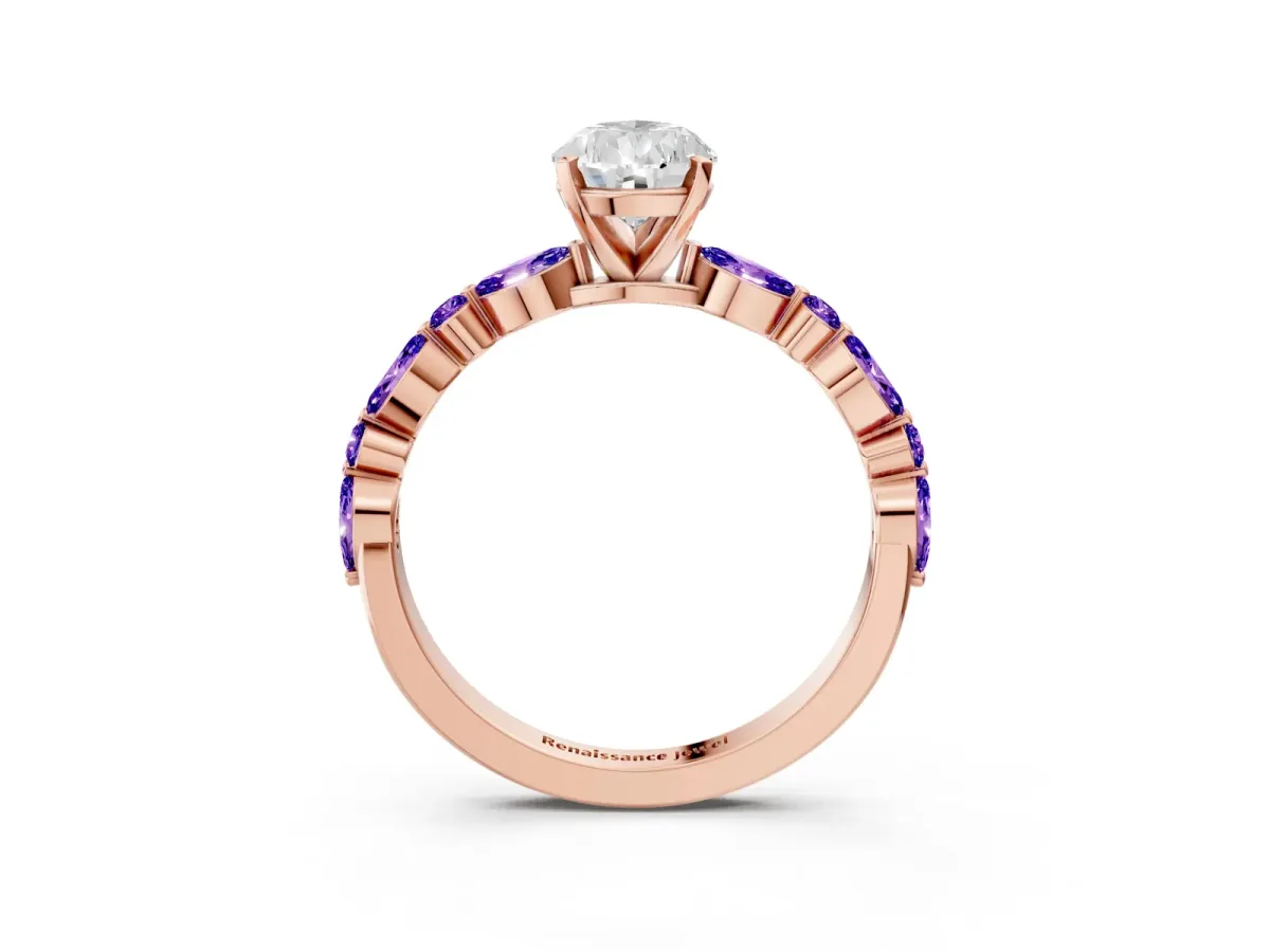 Pear Cut Diamond Ring with Marquise and Round Tanzanite Side Stones and Four-Prong Setting Rose gold
