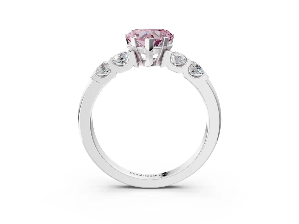 Fancy Pink Heart Cut Brilliant Cut Diamond Five-Stone Prong Set Engagement Ring with Channel Band Platinum