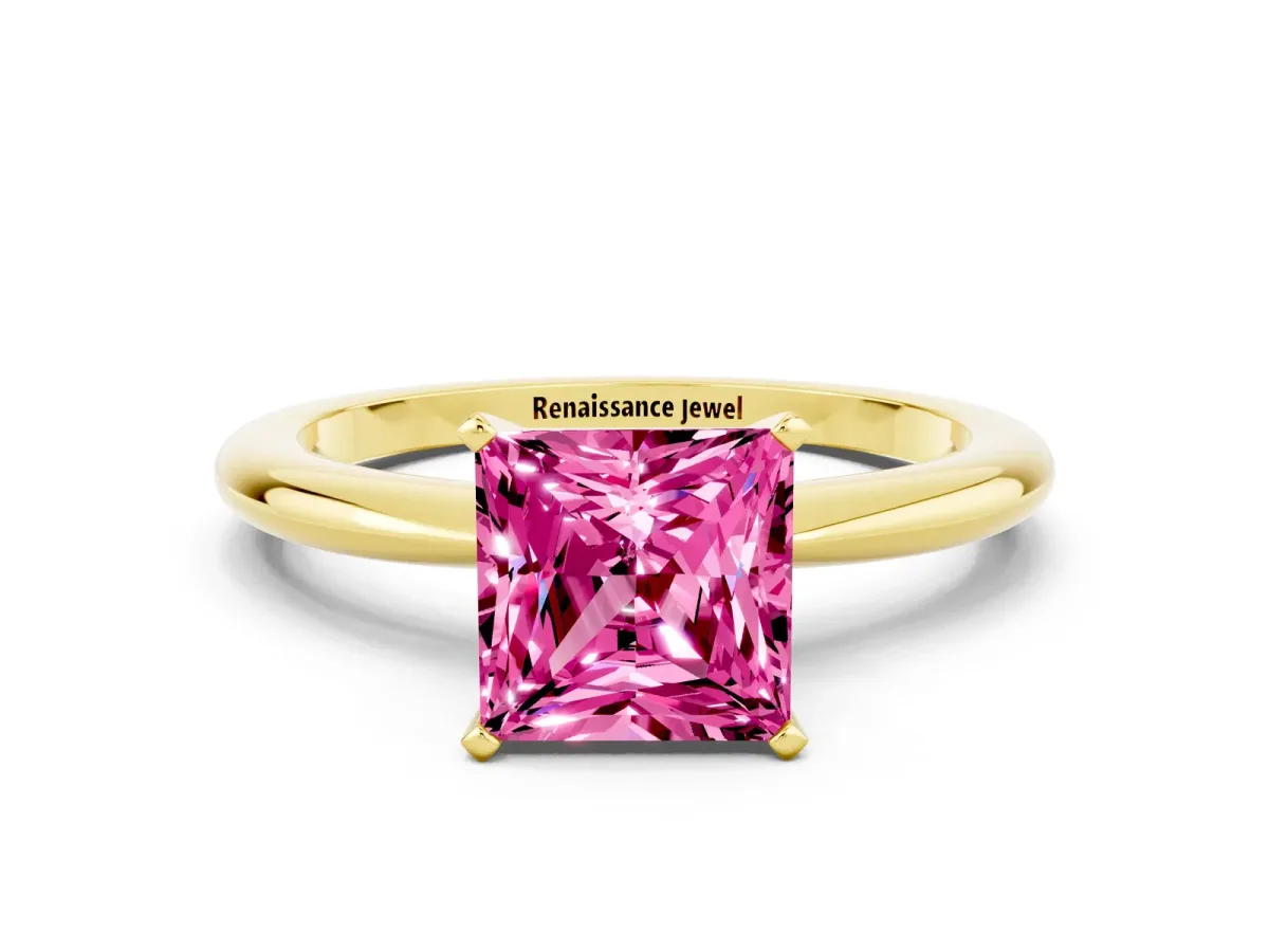 Princess Cut Pink Sapphire Solitaire Ring with Six-Prong Setting and Classic Band Yellow gold