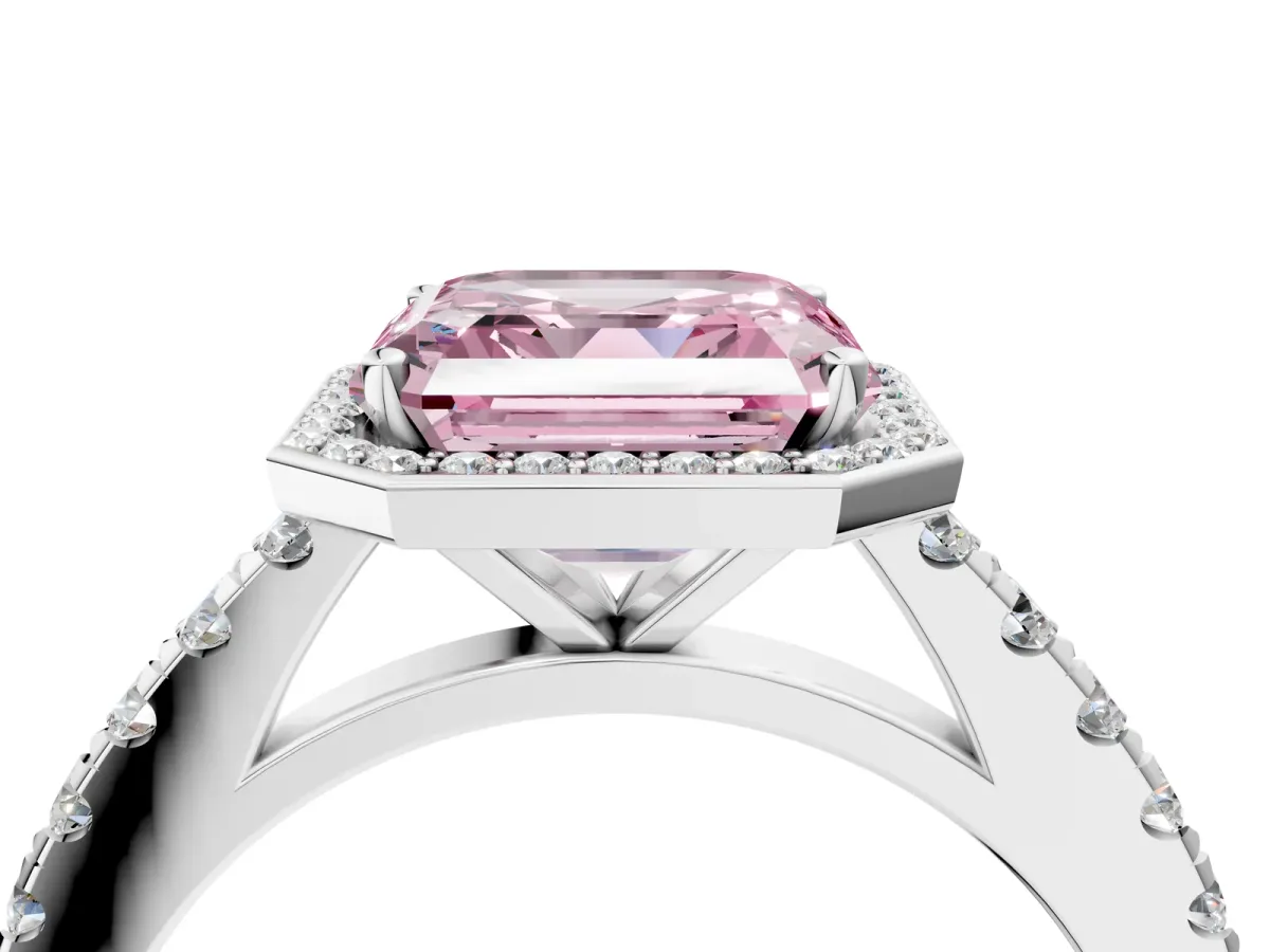 Fancy Pink Asscher Cut Cut Halo Diamond Engagement Ring with Pave Band and Four-Prong Setting Platinum