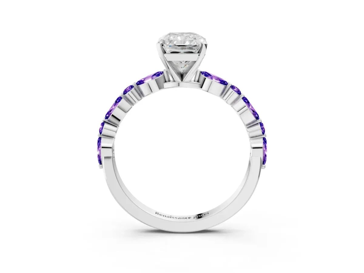 Radiant Cut Diamond Ring with Marquise and Round Tanzanite Side Stones and Four-Prong Setting White gold
