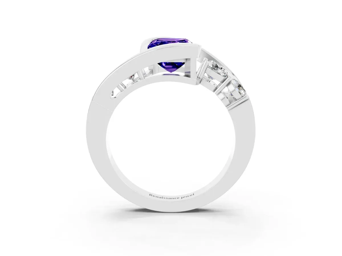 Bezel Set Emerald Cut Tanzanite Bypass Ring with Round Accents Silver